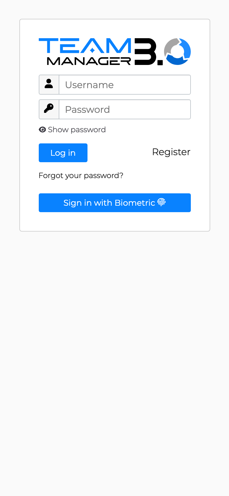 Team Manager sign-in screen on a phone, with a Sign in with Biometric button